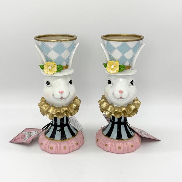 Set of 2 Tophat & Tail Blue Easter Bunny Mad Hatter Pedestal Candle Holder NEW - Picture 1 of 8